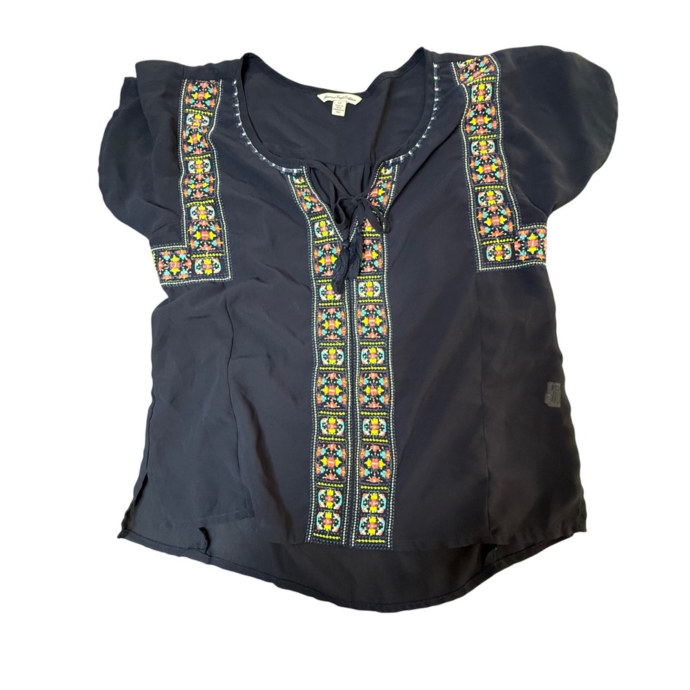 American Eagle Embroidered Blouse Bohemian‎ Peasant Top Navy Blue Small